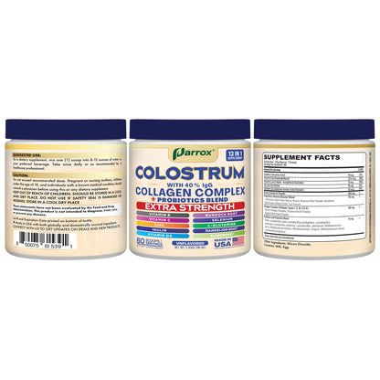 Parrox Colostrum Powder with 40% IgG, Collagen, Probiotics, Burdock Root, L-Glutamine, Elderberry, Vitamin C, Vitamin E, Vitamin D3, Inulin, Selenium, Dandelion Root, Zinc, 60 Servings (Unflavored) - dailyvitalstore