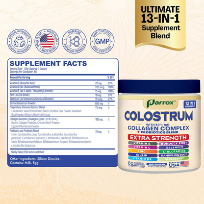 Parrox Colostrum Powder with 40% IgG, Collagen, Probiotics, Burdock Root, L-Glutamine, Elderberry, Vitamin C, Vitamin E, Vitamin D3, Inulin, Selenium, Dandelion Root, Zinc, 60 Servings (Unflavored) - dailyvitalstore