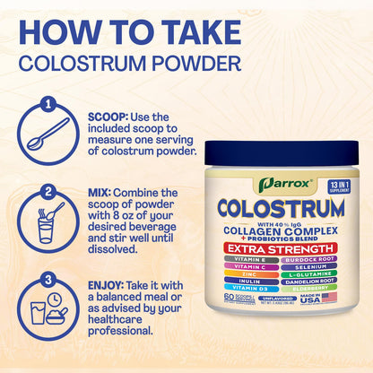 Parrox Colostrum Powder with 40% IgG, Collagen, Probiotics, Burdock Root, L-Glutamine, Elderberry, Vitamin C, Vitamin E, Vitamin D3, Inulin, Selenium, Dandelion Root, Zinc, 60 Servings (Unflavored) - dailyvitalstore
