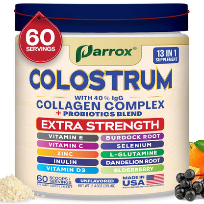 Parrox Colostrum Powder with 40% IgG, Collagen, Probiotics, Burdock Root, L-Glutamine, Elderberry, Vitamin C, Vitamin E, Vitamin D3, Inulin, Selenium, Dandelion Root, Zinc, 60 Servings (Unflavored) - dailyvitalstore