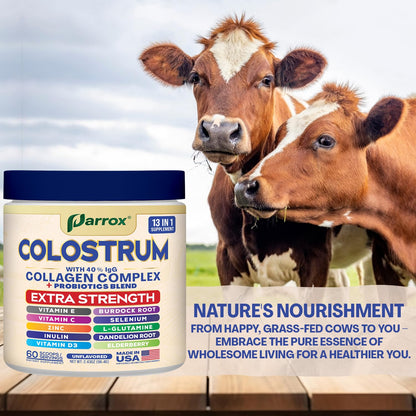 Parrox Colostrum Powder with 40% IgG, Collagen, Probiotics, Burdock Root, L-Glutamine, Elderberry, Vitamin C, Vitamin E, Vitamin D3, Inulin, Selenium, Dandelion Root, Zinc, 60 Servings (Unflavored) - dailyvitalstore
