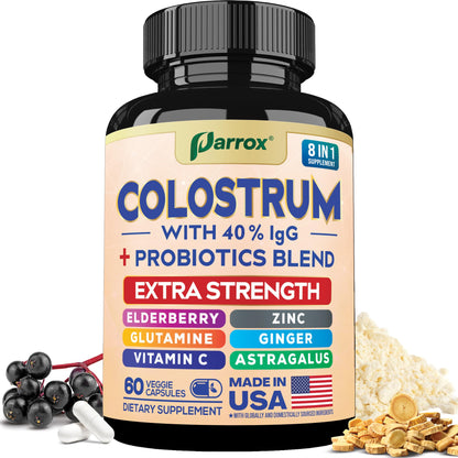Parrox Colostrum Supplement Capsules, Grass Fed Cow Colostrum with 40% IgG, Probiotics Blend, Elderberry, Astragalus, Zinc, Ginger, Vitamin C, L-Glutamine, 8 in 1 Extra Strength Bovine Boost (60 Caps) - dailyvitalstore