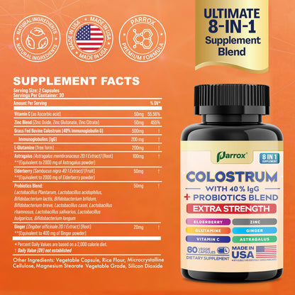 Parrox Colostrum Supplement Capsules, Grass Fed Cow Colostrum with 40% IgG, Probiotics Blend, Elderberry, Astragalus, Zinc, Ginger, Vitamin C, L-Glutamine, 8 in 1 Extra Strength Bovine Boost (60 Caps) - dailyvitalstore