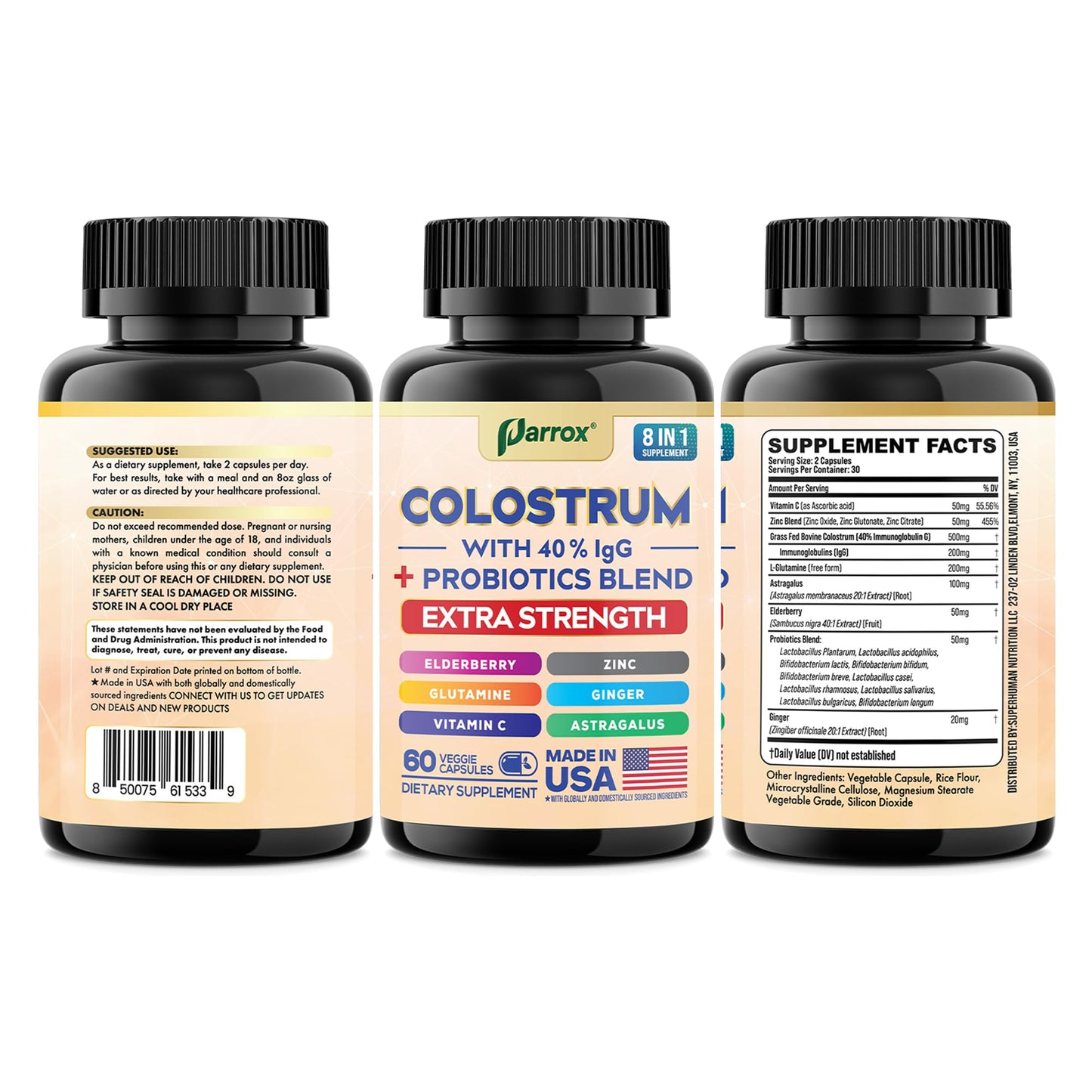 Parrox Colostrum Supplement Capsules, Grass Fed Cow Colostrum with 40% IgG, Probiotics Blend, Elderberry, Astragalus, Zinc, Ginger, Vitamin C, L-Glutamine, 8 in 1 Extra Strength Bovine Boost (60 Caps) - dailyvitalstore