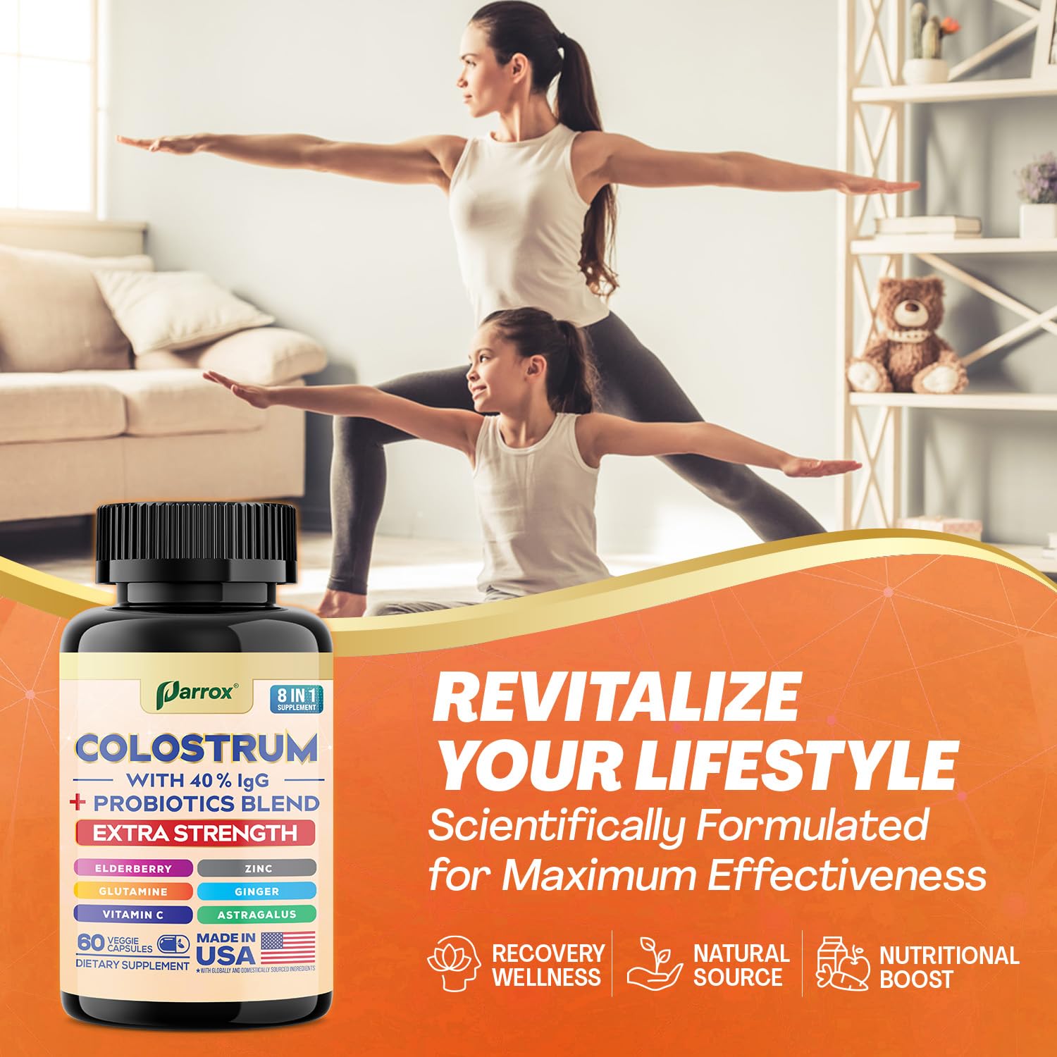 Parrox Colostrum Supplement Capsules, Grass Fed Cow Colostrum with 40% IgG, Probiotics Blend, Elderberry, Astragalus, Zinc, Ginger, Vitamin C, L-Glutamine, 8 in 1 Extra Strength Bovine Boost (60 Caps) - dailyvitalstore