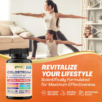 Parrox Colostrum Supplement Capsules, Grass Fed Cow Colostrum with 40% IgG, Probiotics Blend, Elderberry, Astragalus, Zinc, Ginger, Vitamin C, L-Glutamine, 8 in 1 Extra Strength Bovine Boost (60 Caps) - dailyvitalstore