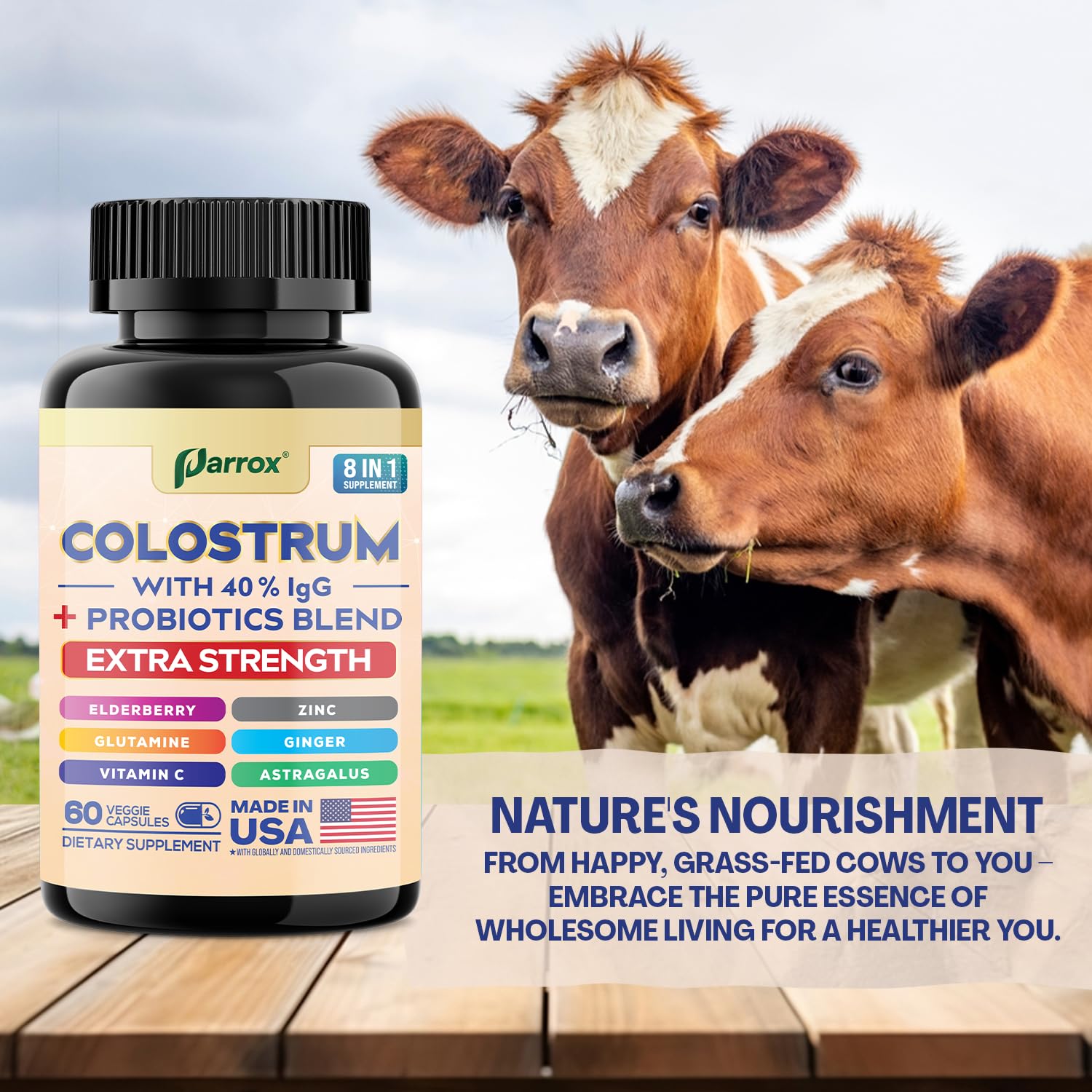Parrox Colostrum Supplement Capsules, Grass Fed Cow Colostrum with 40% IgG, Probiotics Blend, Elderberry, Astragalus, Zinc, Ginger, Vitamin C, L-Glutamine, 8 in 1 Extra Strength Bovine Boost (60 Caps) - dailyvitalstore