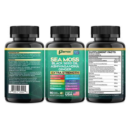 Parrox Sea Moss, Black Seed Oil, Ashwagandha, Turmeric, Chlorophyll, Dandelion, Ginger, Vitamin D3, Black Pepper, Elderberry, ACV, Yellow Dock, Burdock Root, Manuka, Vitamin C, Bladderwrack (60 Caps) - dailyvitalstore