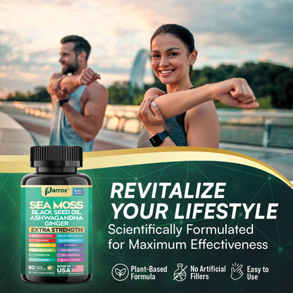 Parrox Sea Moss, Black Seed Oil, Ashwagandha, Turmeric, Chlorophyll, Dandelion, Ginger, Vitamin D3, Black Pepper, Elderberry, ACV, Yellow Dock, Burdock Root, Manuka, Vitamin C, Bladderwrack (60 Caps) - dailyvitalstore