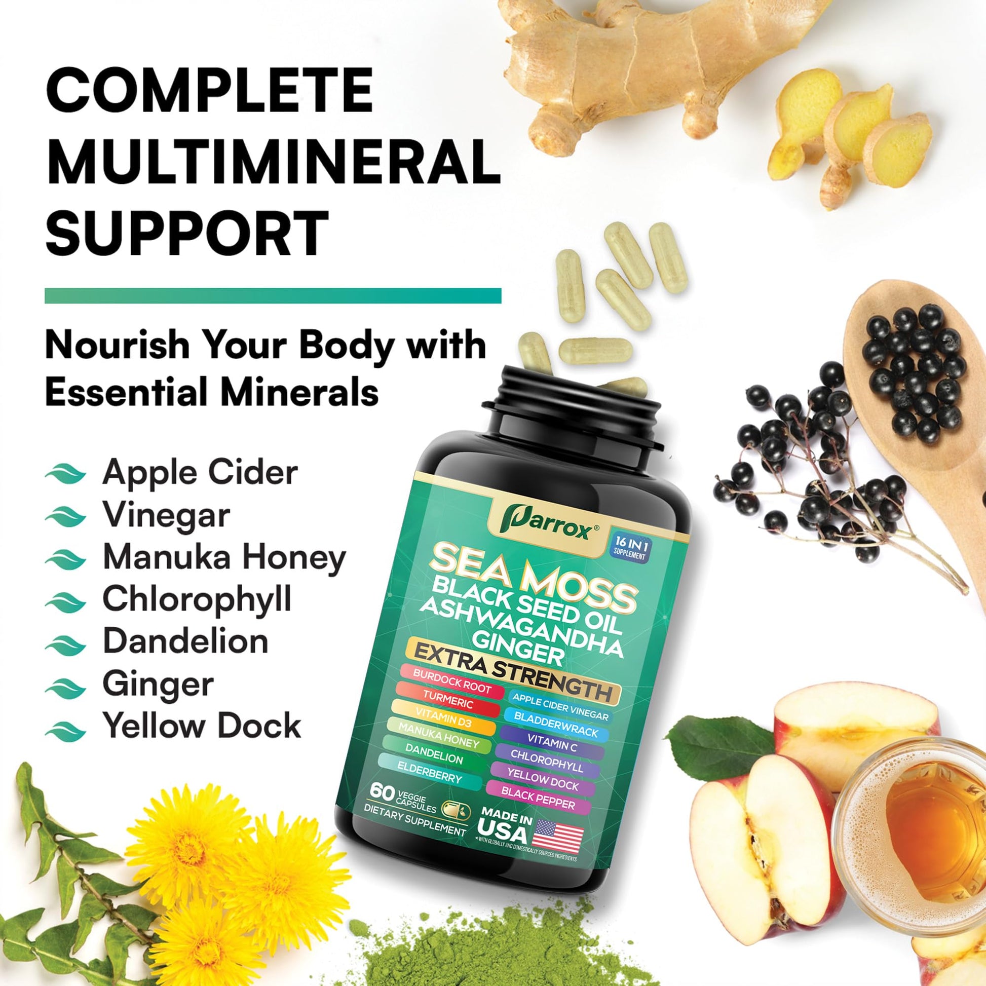 Parrox Sea Moss, Black Seed Oil, Ashwagandha, Turmeric, Chlorophyll, Dandelion, Ginger, Vitamin D3, Black Pepper, Elderberry, ACV, Yellow Dock, Burdock Root, Manuka, Vitamin C, Bladderwrack (60 Caps) - dailyvitalstore