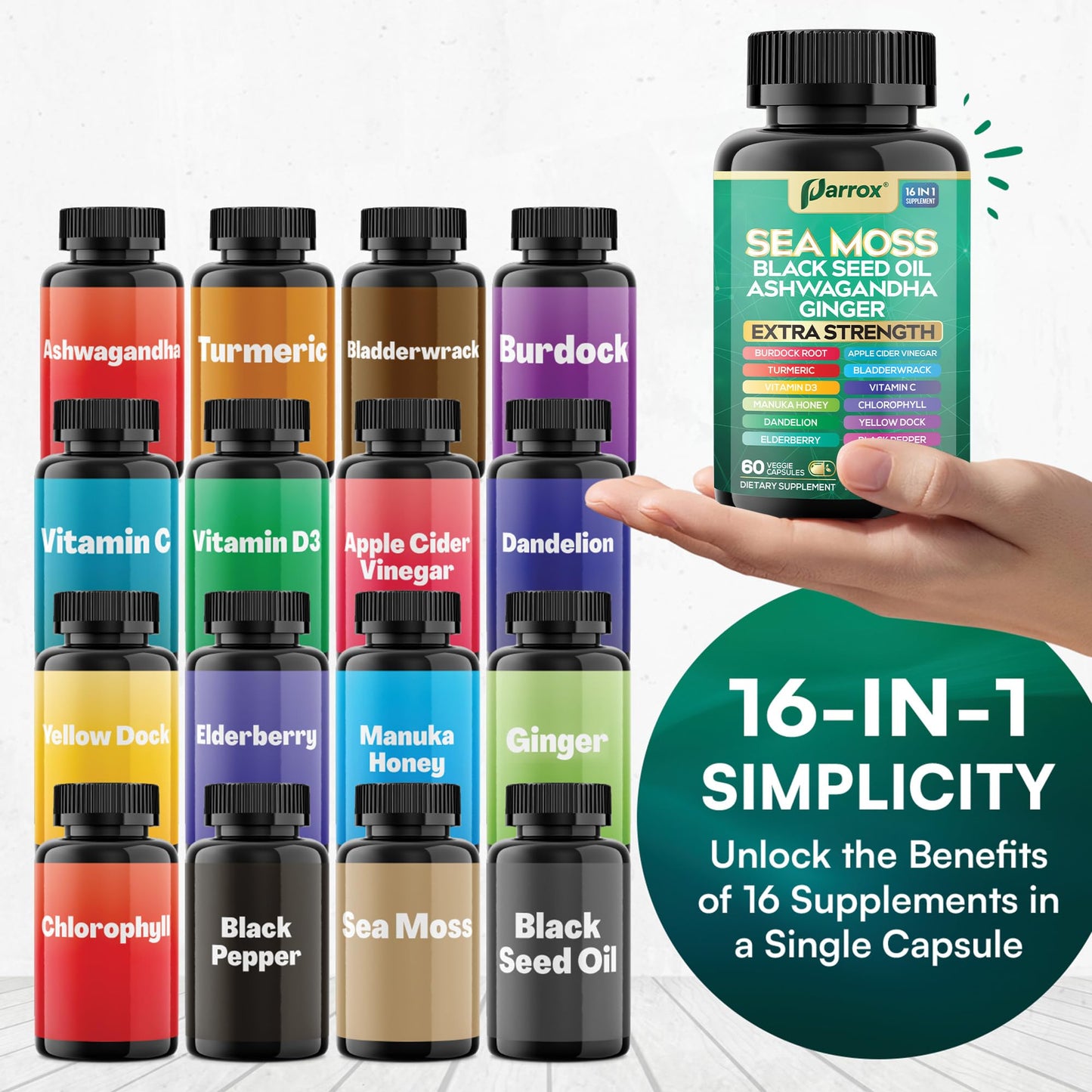 Parrox Sea Moss, Black Seed Oil, Ashwagandha, Turmeric, Chlorophyll, Dandelion, Ginger, Vitamin D3, Black Pepper, Elderberry, ACV, Yellow Dock, Burdock Root, Manuka, Vitamin C, Bladderwrack (60 Caps) - dailyvitalstore