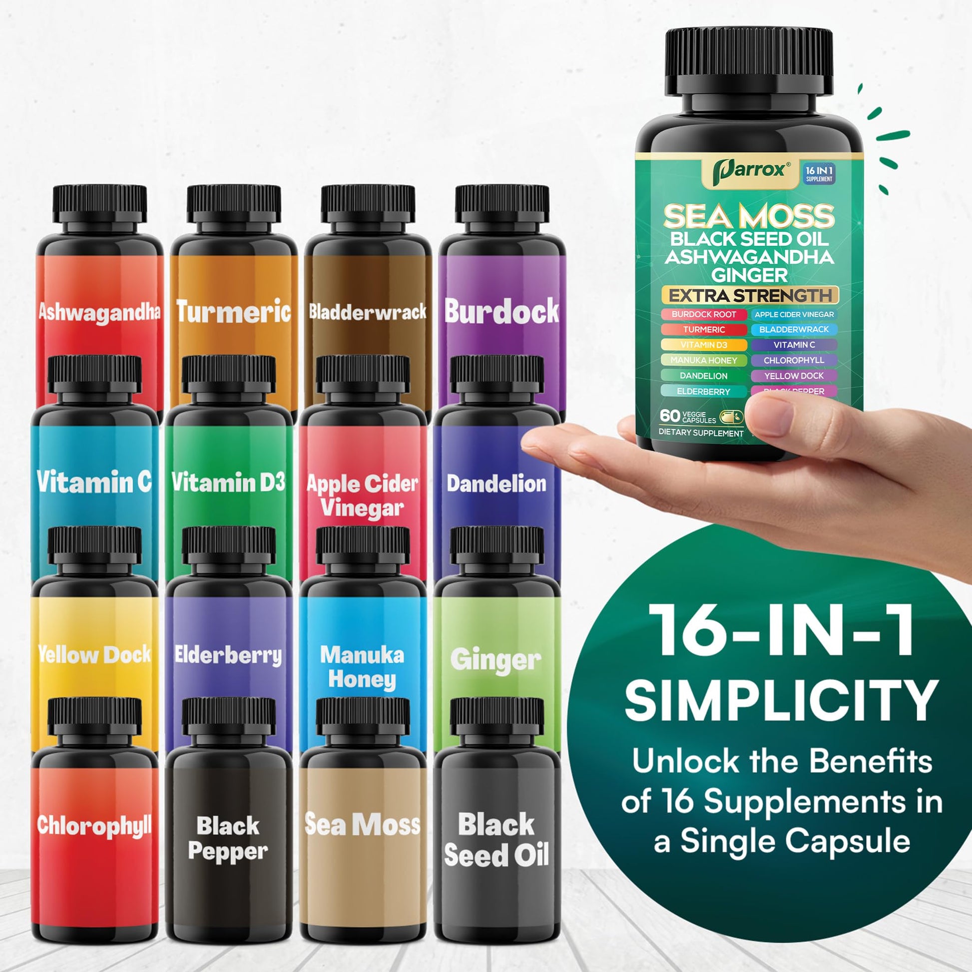 Parrox Sea Moss, Black Seed Oil, Ashwagandha, Turmeric, Chlorophyll, Dandelion, Ginger, Vitamin D3, Black Pepper, Elderberry, ACV, Yellow Dock, Burdock Root, Manuka, Vitamin C, Bladderwrack (60 Caps) - dailyvitalstore