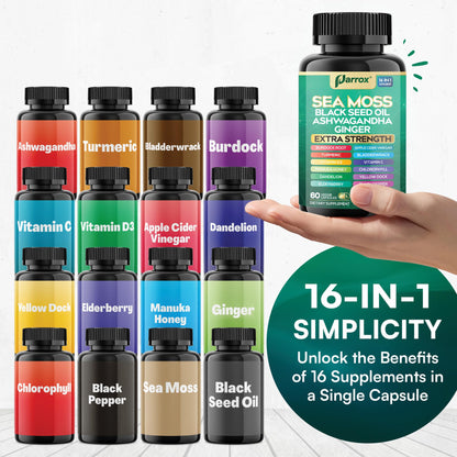 Parrox Sea Moss, Black Seed Oil, Ashwagandha, Turmeric, Chlorophyll, Dandelion, Ginger, Vitamin D3, Black Pepper, Elderberry, ACV, Yellow Dock, Burdock Root, Manuka, Vitamin C, Bladderwrack (60 Caps) - dailyvitalstore