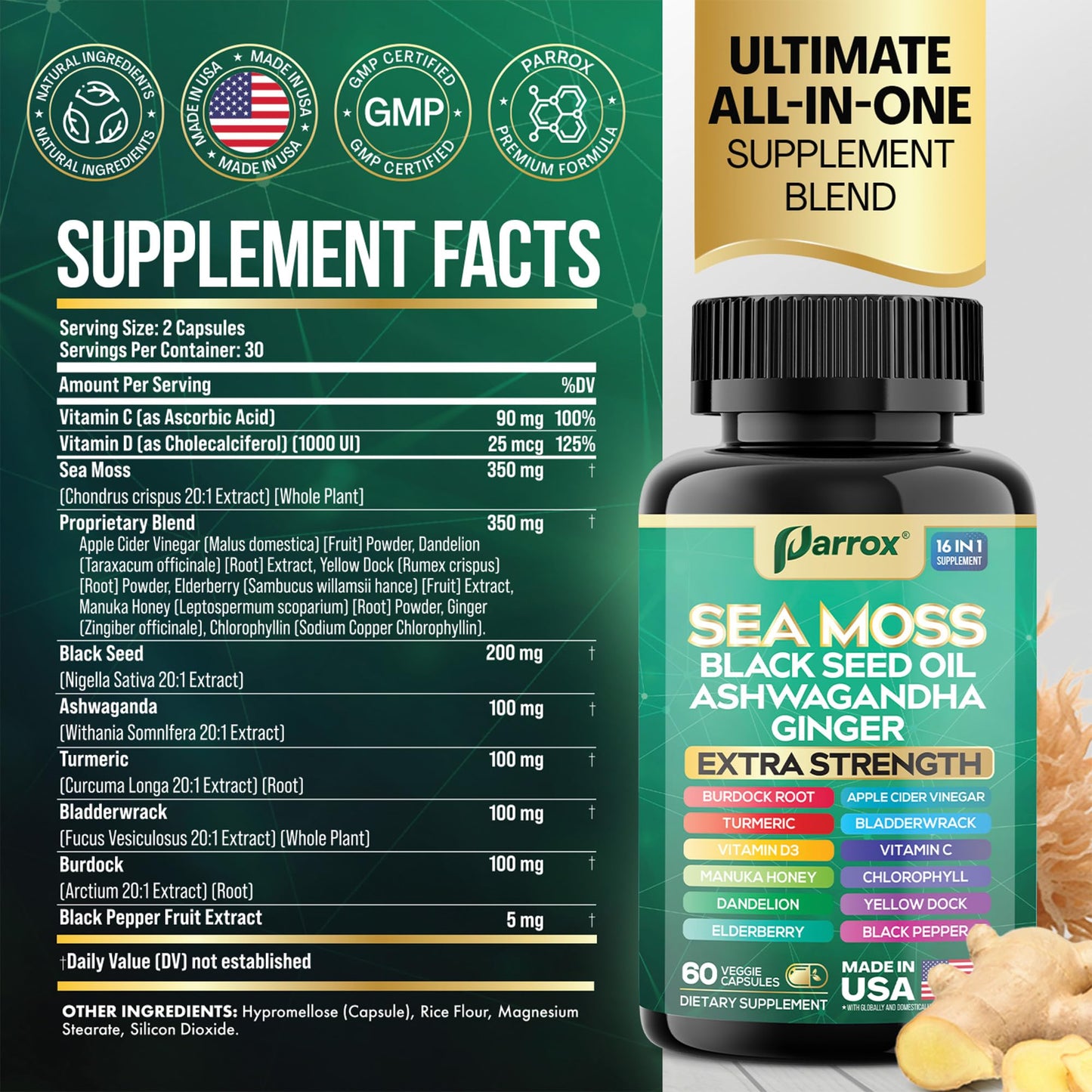 Parrox Sea Moss, Black Seed Oil, Ashwagandha, Turmeric, Chlorophyll, Dandelion, Ginger, Vitamin D3, Black Pepper, Elderberry, ACV, Yellow Dock, Burdock Root, Manuka, Vitamin C, Bladderwrack (60 Caps) - dailyvitalstore