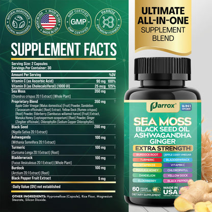 Parrox Sea Moss, Black Seed Oil, Ashwagandha, Turmeric, Chlorophyll, Dandelion, Ginger, Vitamin D3, Black Pepper, Elderberry, ACV, Yellow Dock, Burdock Root, Manuka, Vitamin C, Bladderwrack (60 Caps) - dailyvitalstore