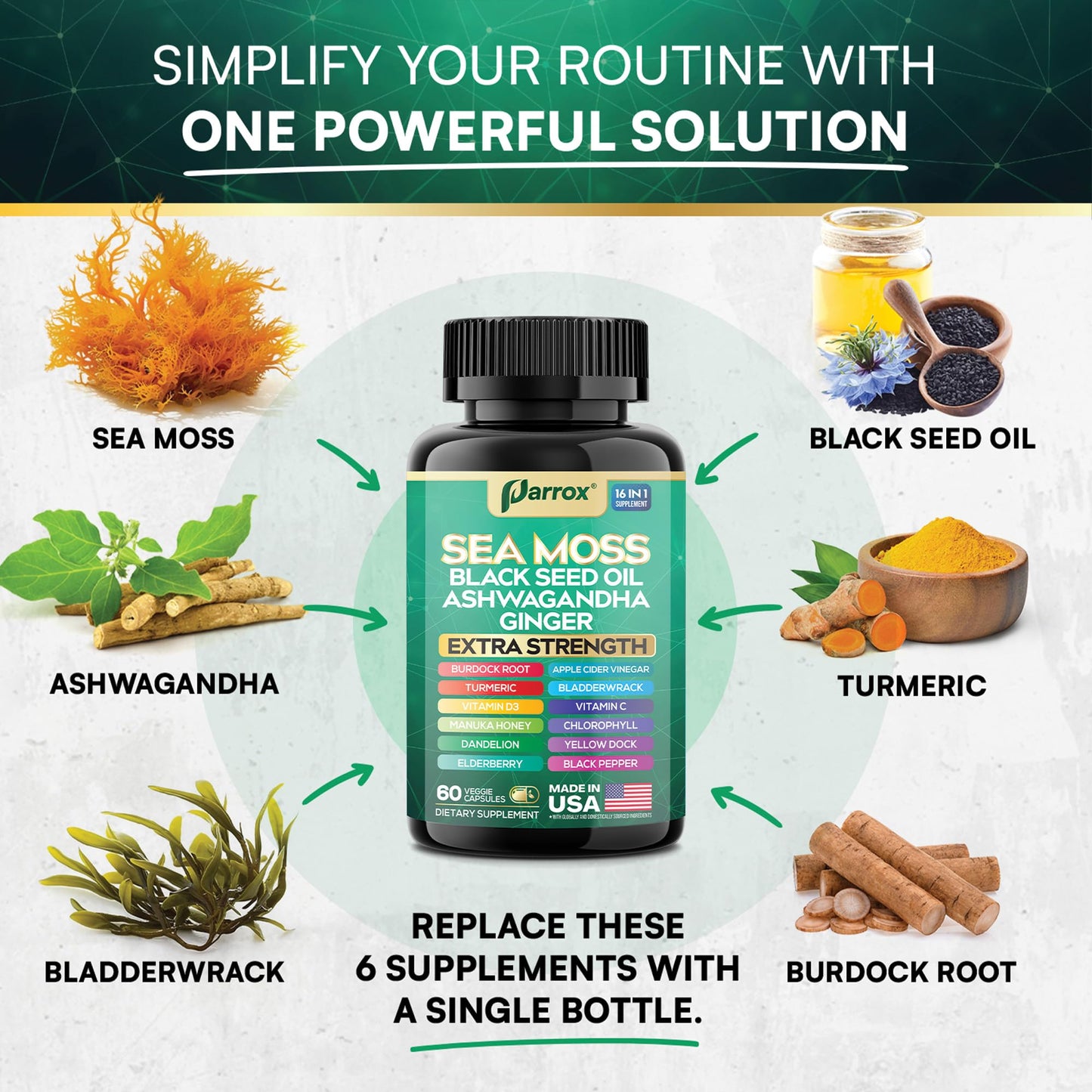 Parrox Sea Moss, Black Seed Oil, Ashwagandha, Turmeric, Chlorophyll, Dandelion, Ginger, Vitamin D3, Black Pepper, Elderberry, ACV, Yellow Dock, Burdock Root, Manuka, Vitamin C, Bladderwrack (60 Caps) - dailyvitalstore