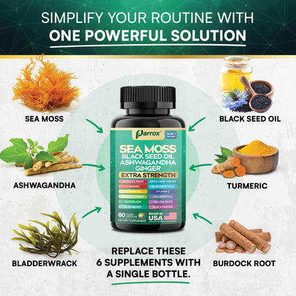 Parrox Sea Moss, Black Seed Oil, Ashwagandha, Turmeric, Chlorophyll, Dandelion, Ginger, Vitamin D3, Black Pepper, Elderberry, ACV, Yellow Dock, Burdock Root, Manuka, Vitamin C, Bladderwrack (60 Caps) - dailyvitalstore