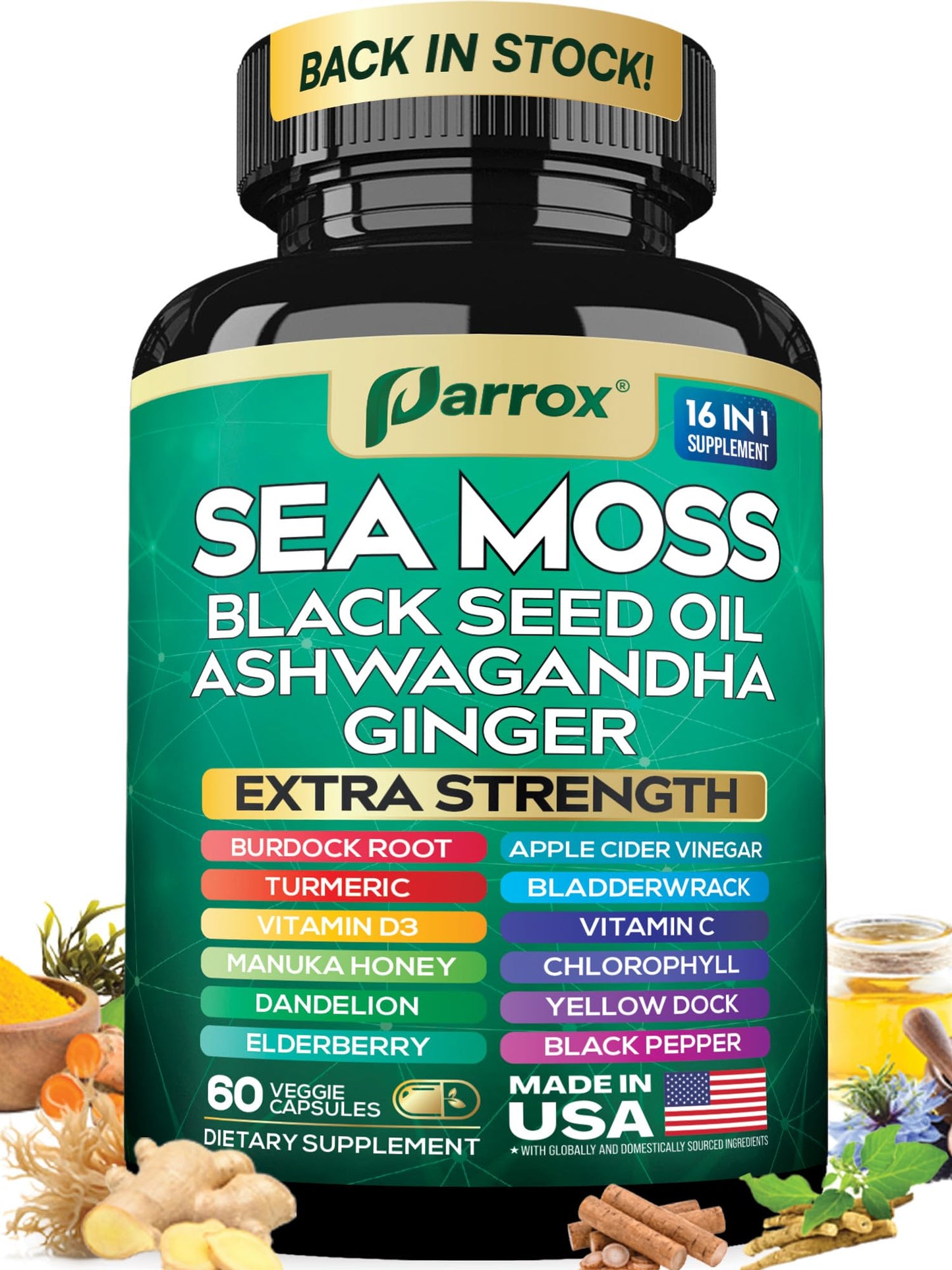 Parrox Sea Moss, Black Seed Oil, Ashwagandha, Turmeric, Chlorophyll, Dandelion, Ginger, Vitamin D3, Black Pepper, Elderberry, ACV, Yellow Dock, Burdock Root, Manuka, Vitamin C, Bladderwrack (60 Caps) - dailyvitalstore
