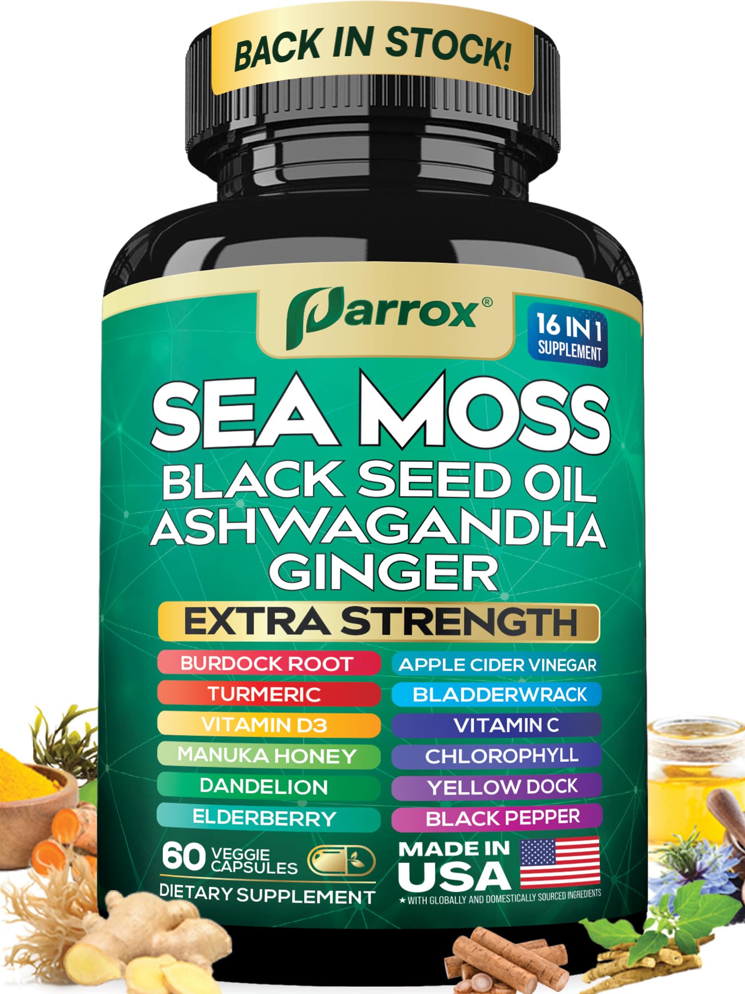Parrox Sea Moss, Black Seed Oil, Ashwagandha, Turmeric, Chlorophyll, Dandelion, Ginger, Vitamin D3, Black Pepper, Elderberry, ACV, Yellow Dock, Burdock Root, Manuka, Vitamin C, Bladderwrack (60 Caps) - dailyvitalstore