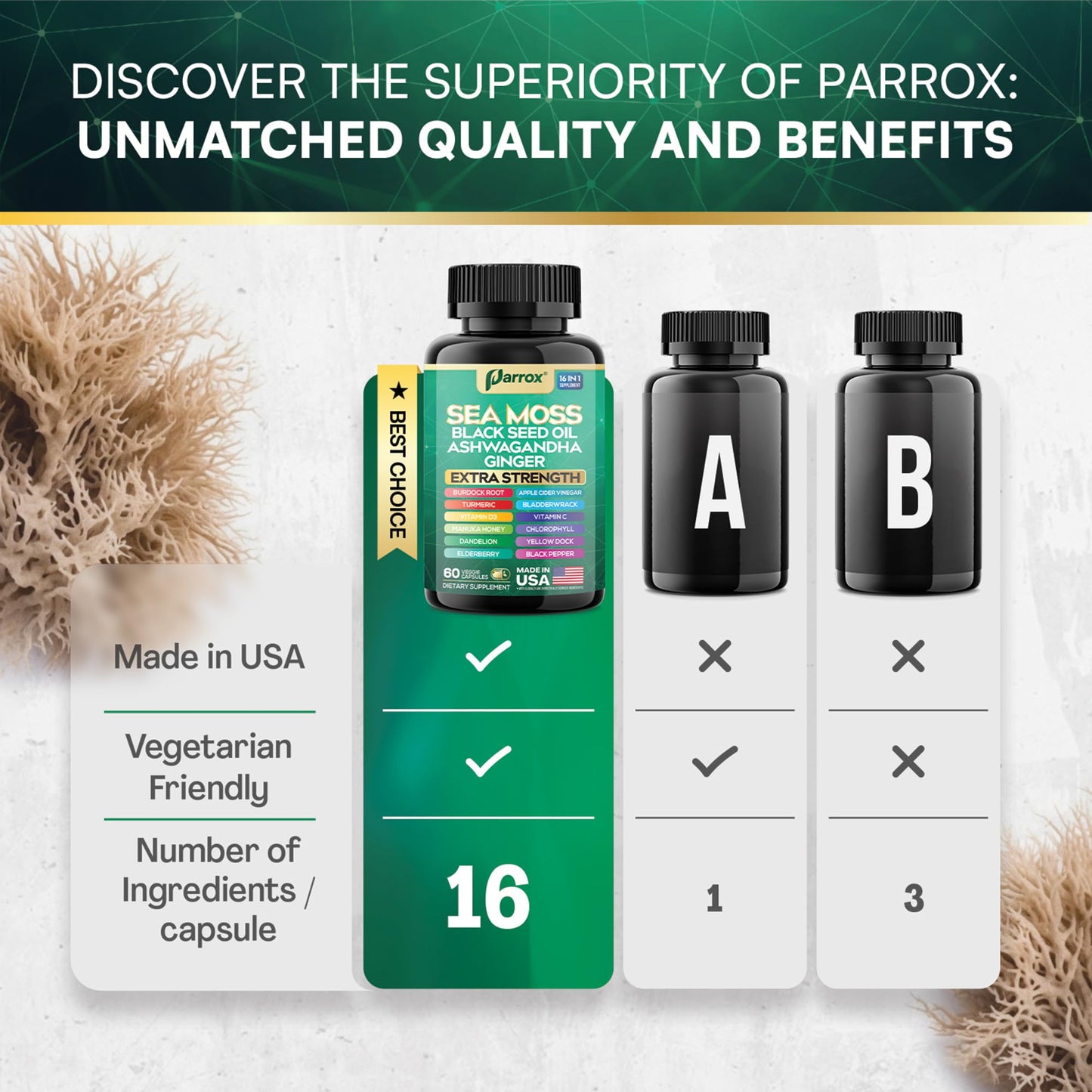 Parrox Sea Moss, Black Seed Oil, Ashwagandha, Turmeric, Chlorophyll, Dandelion, Ginger, Vitamin D3, Black Pepper, Elderberry, ACV, Yellow Dock, Burdock Root, Manuka, Vitamin C, Bladderwrack (60 Caps) - dailyvitalstore