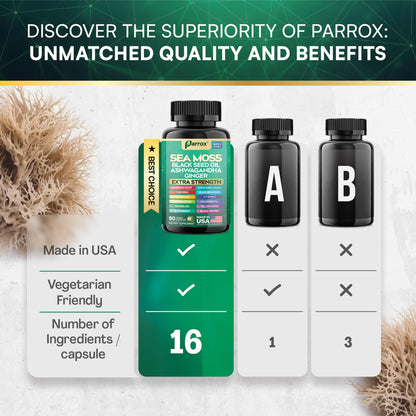 Parrox Sea Moss, Black Seed Oil, Ashwagandha, Turmeric, Chlorophyll, Dandelion, Ginger, Vitamin D3, Black Pepper, Elderberry, ACV, Yellow Dock, Burdock Root, Manuka, Vitamin C, Bladderwrack (60 Caps) - dailyvitalstore