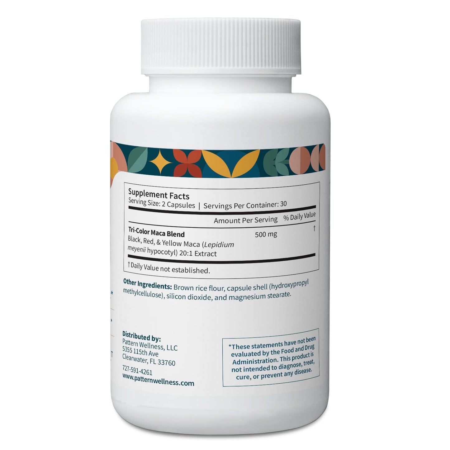 Pattern Wellness Maca Root Extract 20:1-500mg Per Serving – for Men & Women – Tri-Color Black/Red/Yellow Blend – 60 Vegan, Non-GMO Capsules - dailyvitalstore
