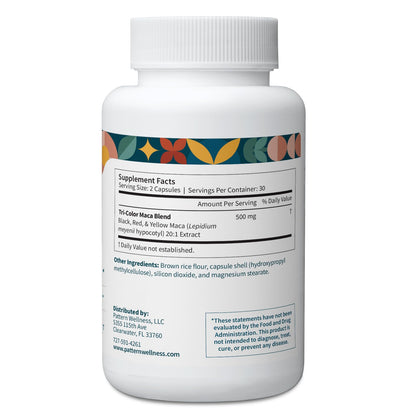 Pattern Wellness Maca Root Extract 20:1-500mg Per Serving – for Men & Women – Tri-Color Black/Red/Yellow Blend – 60 Vegan, Non-GMO Capsules - dailyvitalstore