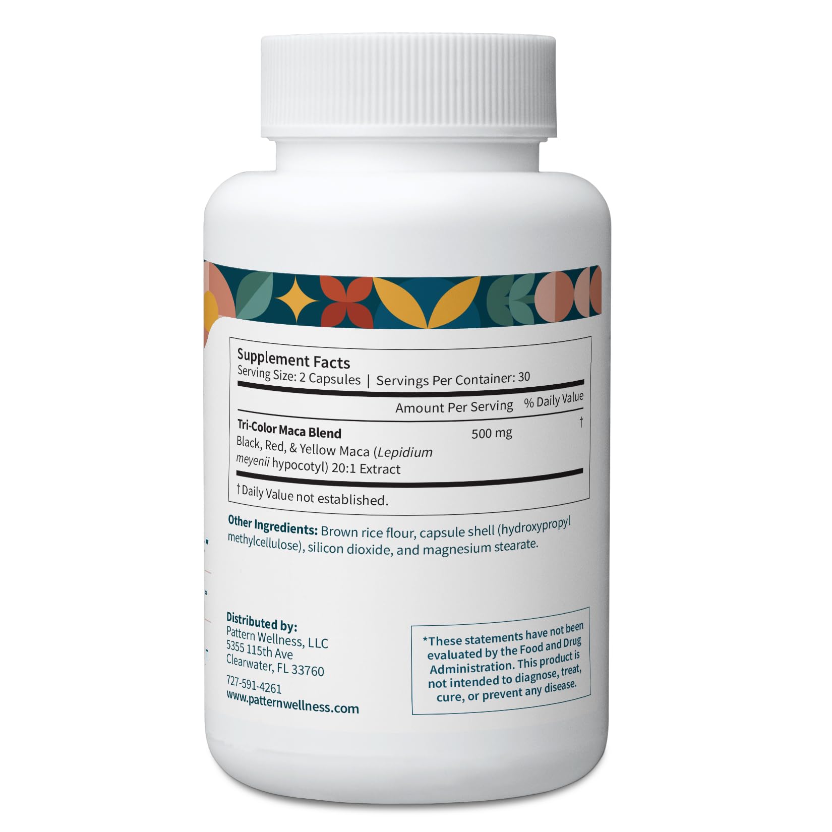 Pattern Wellness Maca Root Extract 20:1-500mg Per Serving – for Men & Women – Tri-Color Black/Red/Yellow Blend – 60 Vegan, Non-GMO Capsules - dailyvitalstore