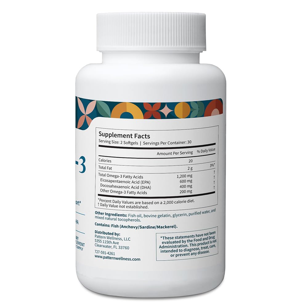 Pattern Wellness Omega 3 Softgels - Pure Fish Oil Formula - Helps Maintain Brain, Heart & Joint Health - 3rd Party Lab Tested - Non-GMO, Dairy-Free, Gluten-Free - 60 Softgels - dailyvitalstore