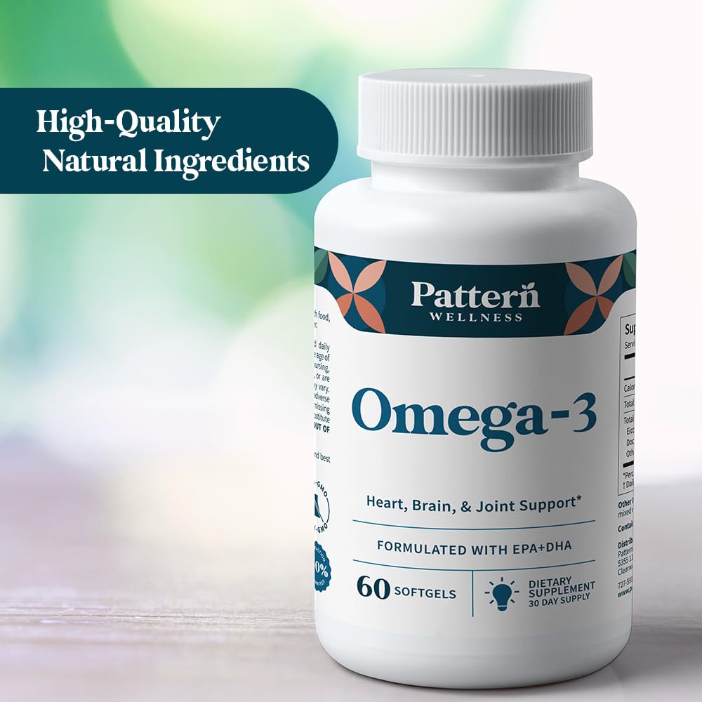 Pattern Wellness Omega 3 Softgels - Pure Fish Oil Formula - Helps Maintain Brain, Heart & Joint Health - 3rd Party Lab Tested - Non-GMO, Dairy-Free, Gluten-Free - 60 Softgels - dailyvitalstore