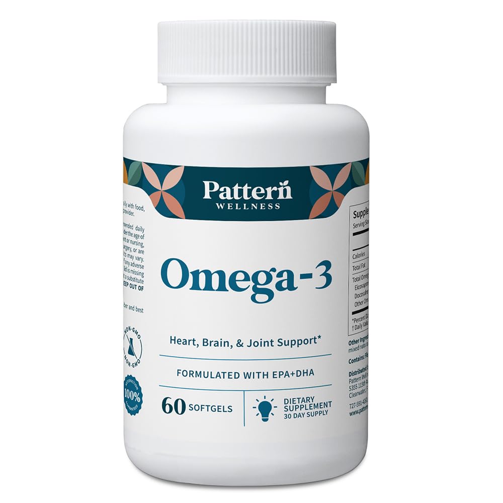 Pattern Wellness Omega 3 Softgels - Pure Fish Oil Formula - Helps Maintain Brain, Heart & Joint Health - 3rd Party Lab Tested - Non-GMO, Dairy-Free, Gluten-Free - 60 Softgels - dailyvitalstore