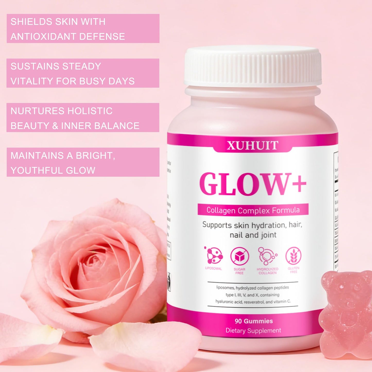PBZPBZ Glow Collagen Gummies with Hyaluronic Acid & Resveratrol | Gentle Support for Skin, Hair & Nail Care | Non-GMO | 90 Count (1) - dailyvitalstore