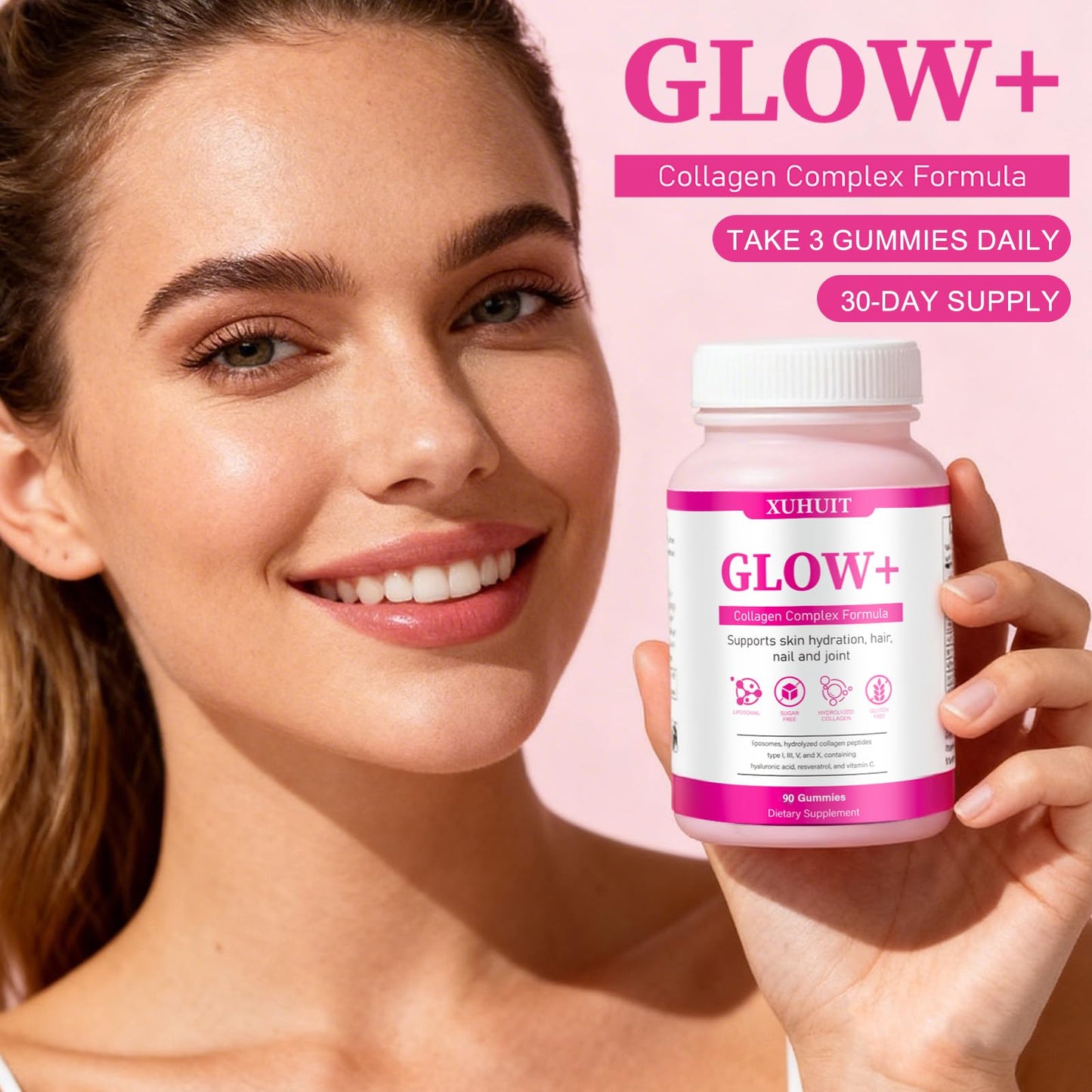 PBZPBZ Glow Collagen Gummies with Hyaluronic Acid & Resveratrol | Gentle Support for Skin, Hair & Nail Care | Non-GMO | 90 Count (1) - dailyvitalstore
