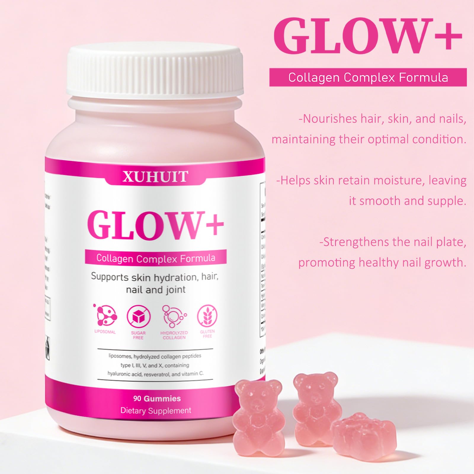 PBZPBZ Glow Collagen Gummies with Hyaluronic Acid & Resveratrol | Gentle Support for Skin, Hair & Nail Care | Non-GMO | 90 Count (1) - dailyvitalstore