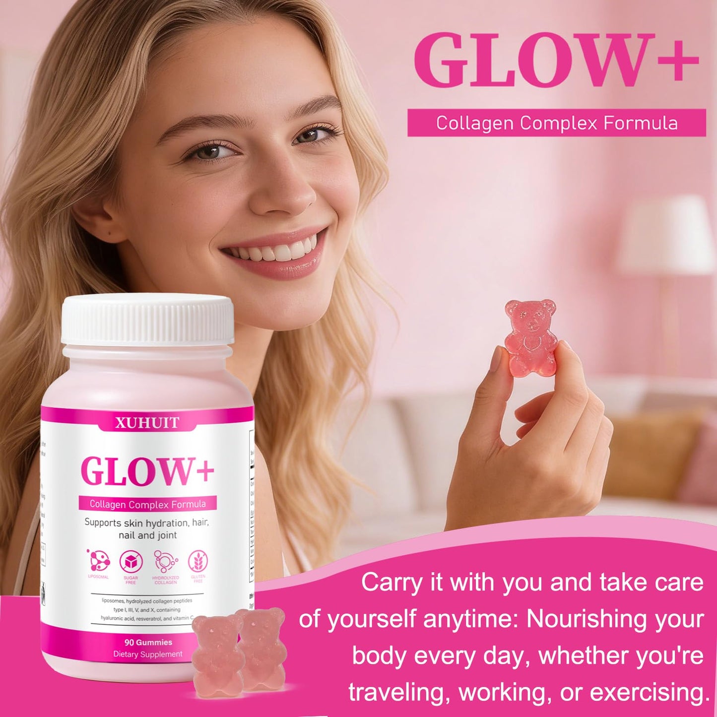 PBZPBZ Glow Collagen Gummies with Hyaluronic Acid & Resveratrol | Gentle Support for Skin, Hair & Nail Care | Non-GMO | 90 Count (1) - dailyvitalstore