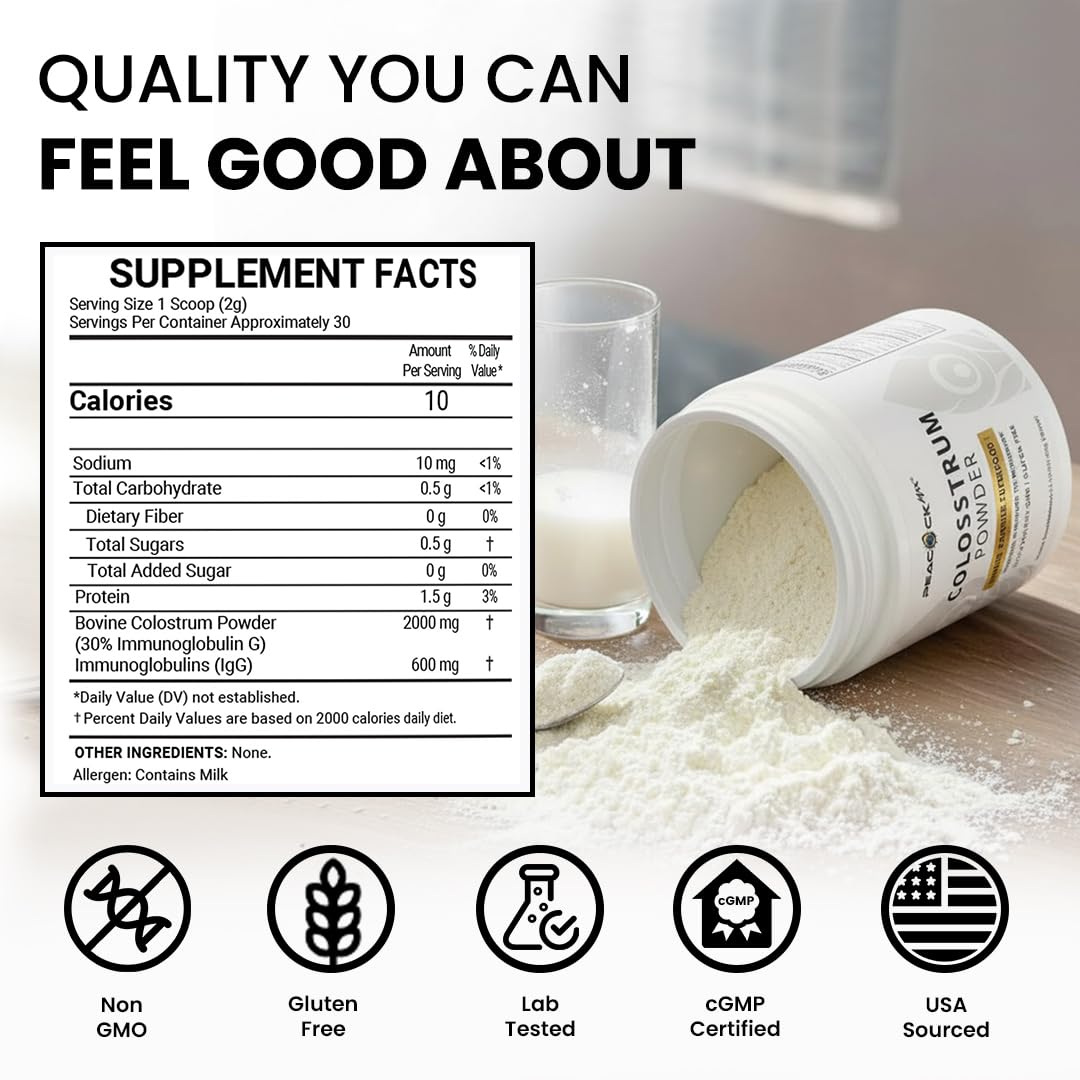 Peacock Max Colostrum Powder – 60g (30 Servings), Unflavored Bovine Colostrum Supplement, Superfood for Hair, Skin & Gut Health, Gluten-Free, Non-GMO - dailyvitalstore