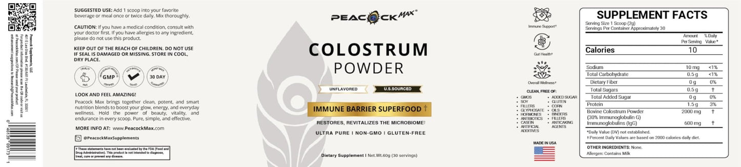 Peacock Max Colostrum Powder – 60g (30 Servings), Unflavored Bovine Colostrum Supplement, Superfood for Hair, Skin & Gut Health, Gluten-Free, Non-GMO - dailyvitalstore