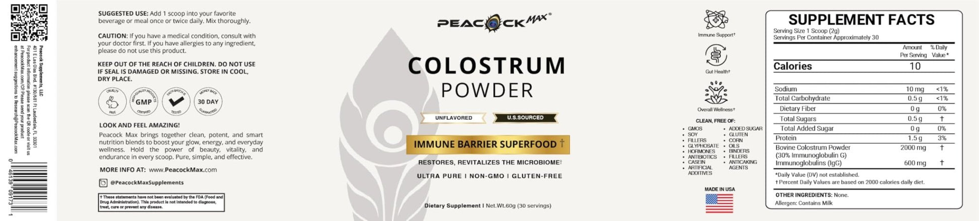 Peacock Max Colostrum Powder – 60g (30 Servings), Unflavored Bovine Colostrum Supplement, Superfood for Hair, Skin & Gut Health, Gluten-Free, Non-GMO - dailyvitalstore