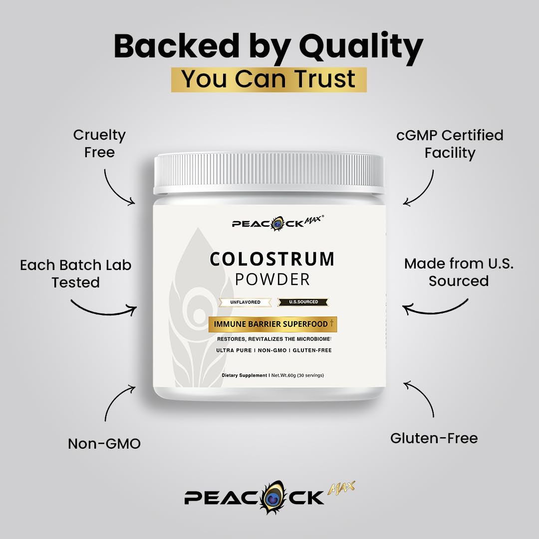 Peacock Max Colostrum Powder – 60g (30 Servings), Unflavored Bovine Colostrum Supplement, Superfood for Hair, Skin & Gut Health, Gluten-Free, Non-GMO - dailyvitalstore
