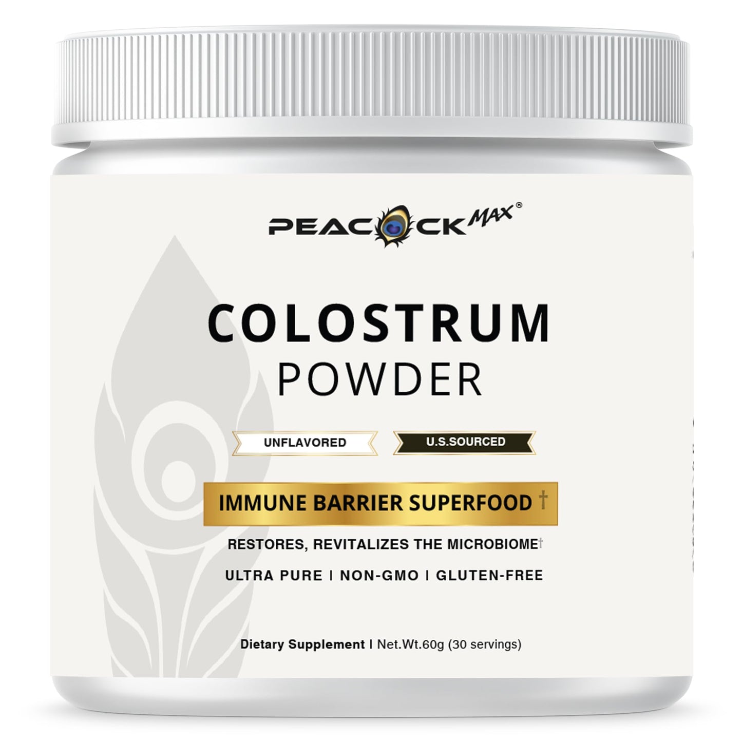 Peacock Max Colostrum Powder – 60g (30 Servings), Unflavored Bovine Colostrum Supplement, Superfood for Hair, Skin & Gut Health, Gluten-Free, Non-GMO - dailyvitalstore
