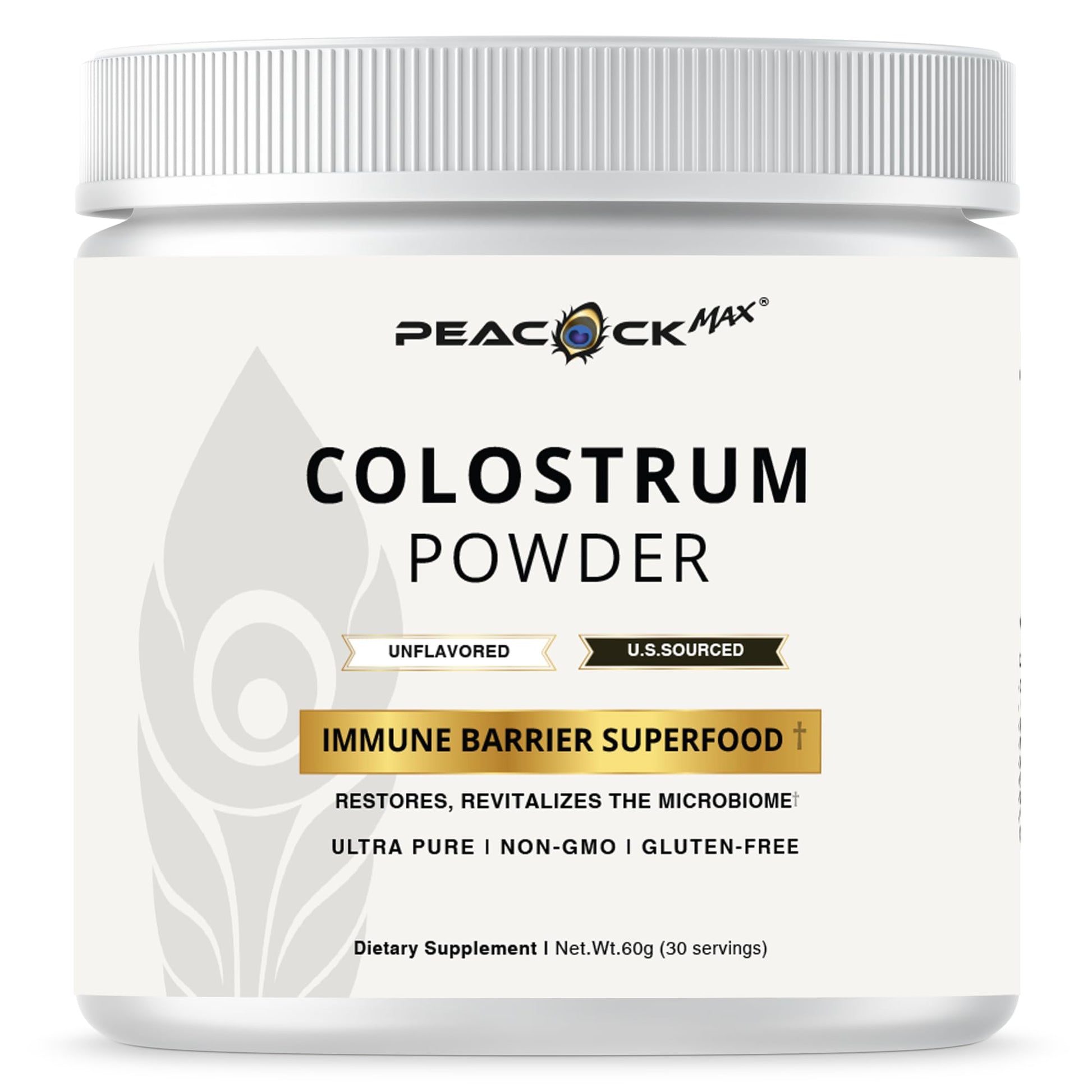 Peacock Max Colostrum Powder – 60g (30 Servings), Unflavored Bovine Colostrum Supplement, Superfood for Hair, Skin & Gut Health, Gluten-Free, Non-GMO - dailyvitalstore