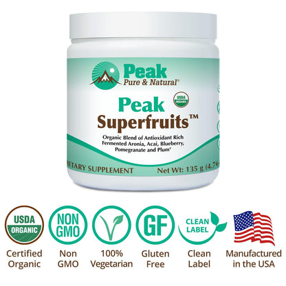 Peak Organic Superfruits - Polyphenol Rich Superfood Powder - Non-GMO Fermented Aronia Berry, Acai, Blueberry, Pomegranate, and Plum - Aging, Metabolic Health, Heart Health (30 Servings) - dailyvitalstore