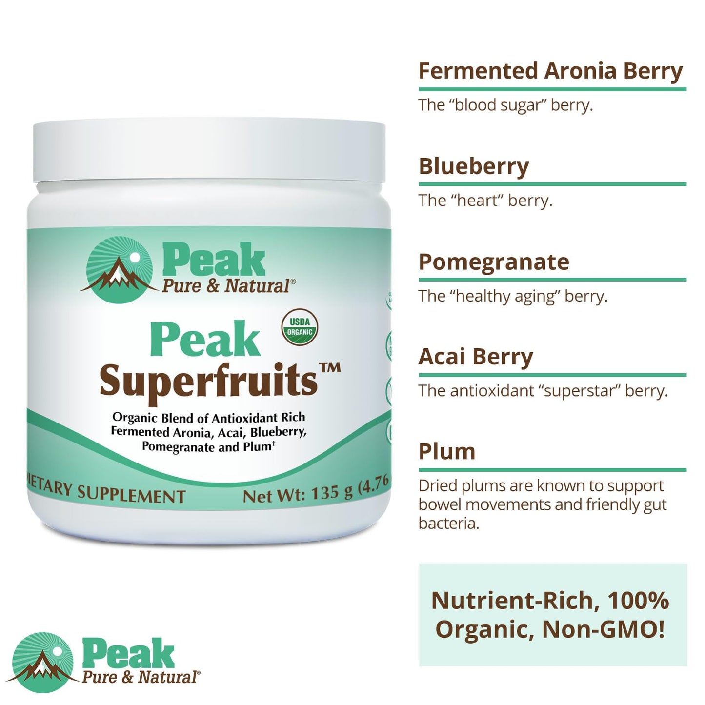 Peak Organic Superfruits - Polyphenol Rich Superfood Powder - Non-GMO Fermented Aronia Berry, Acai, Blueberry, Pomegranate, and Plum - Aging, Metabolic Health, Heart Health (30 Servings) - dailyvitalstore