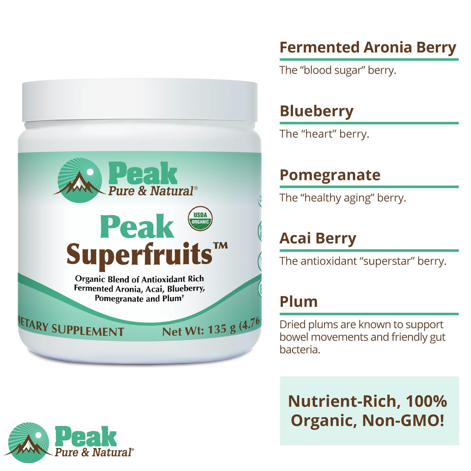 Peak Organic Superfruits - Polyphenol Rich Superfood Powder - Non-GMO Fermented Aronia Berry, Acai, Blueberry, Pomegranate, and Plum - Aging, Metabolic Health, Heart Health (30 Servings) - dailyvitalstore