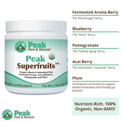Peak Organic Superfruits - Polyphenol Rich Superfood Powder - Non-GMO Fermented Aronia Berry, Acai, Blueberry, Pomegranate, and Plum - Aging, Metabolic Health, Heart Health (30 Servings) - dailyvitalstore