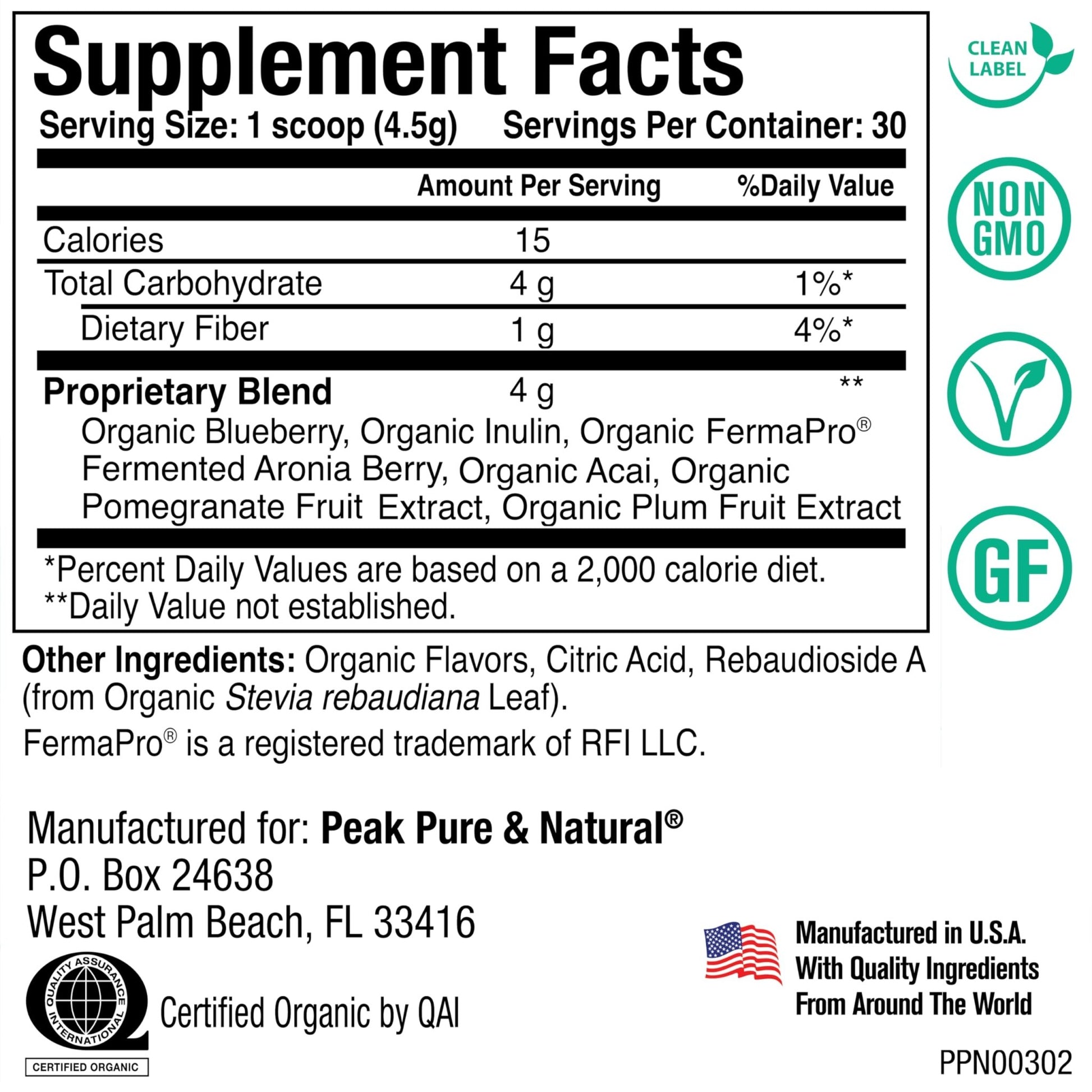 Peak Organic Superfruits - Polyphenol Rich Superfood Powder - Non-GMO Fermented Aronia Berry, Acai, Blueberry, Pomegranate, and Plum - Aging, Metabolic Health, Heart Health (30 Servings) - dailyvitalstore