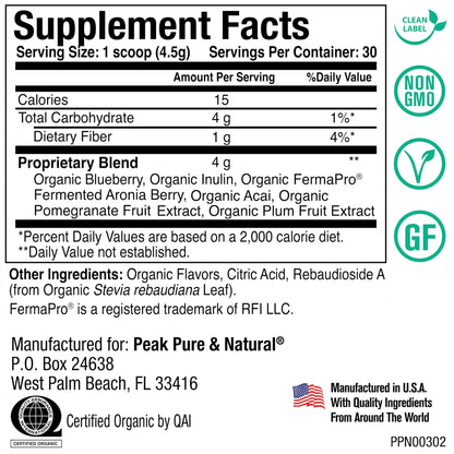 Peak Organic Superfruits - Polyphenol Rich Superfood Powder - Non-GMO Fermented Aronia Berry, Acai, Blueberry, Pomegranate, and Plum - Aging, Metabolic Health, Heart Health (30 Servings) - dailyvitalstore