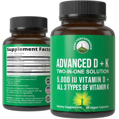 Peak Performance Advanced Vitamin D 5000 IU with All 3 Types of Vitamin K Vitamin D3 and Vitamin K2, K1, MK-7 (MK7), MK4 Supplement - dailyvitalstore