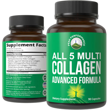 Peak Performance All 5 Multi-Collagen Capsules - 90 Pills of Grass Fed Peptides Protein - Supplement with All 5 Collagen Types I, II, III,V, X from Beef, Fish, Eggshell, and Chicken Bone Broth - dailyvitalstore