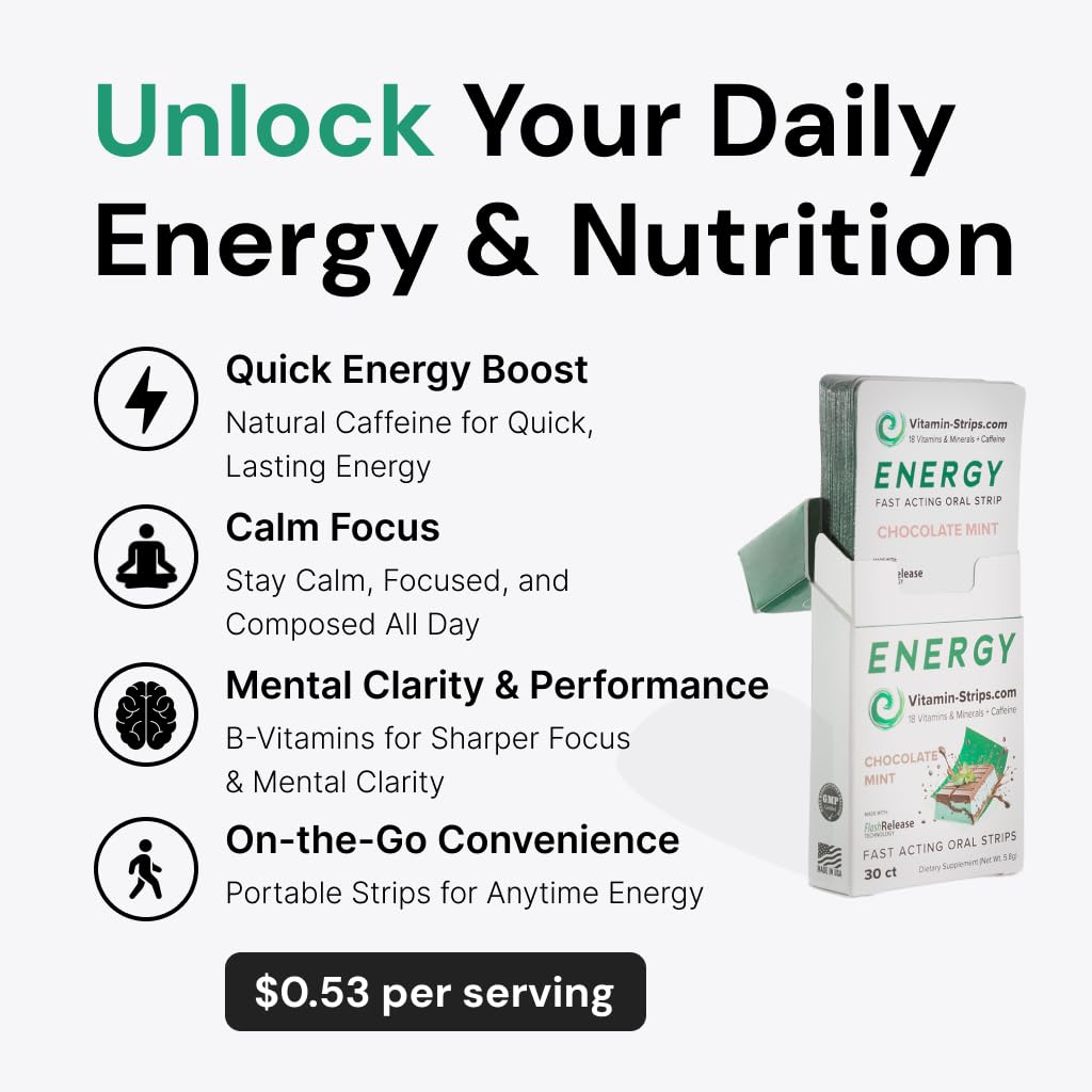 Peak Performance Energy Strips — Vegan, Gluten Free, Soy Free & Sugar-Free Breath Strips w/Caffeine, 18 Vitamins & Minerals — Instant Energy Boost Chocolate Mint Dietary Supplement — 30 Oral Strips - dailyvitalstore